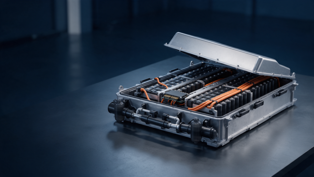Ilustrasi konsep rakitan battery pack kendaraan listrik, bukan foto fasilitas GNET atau diagram layanan OEM.